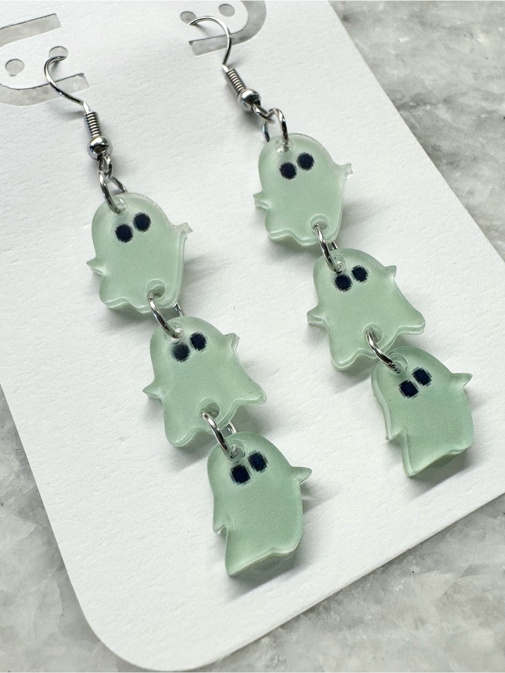 New Halloween Spooky Light Green Ghost Acrylic Dangle Earrings - 2.75”